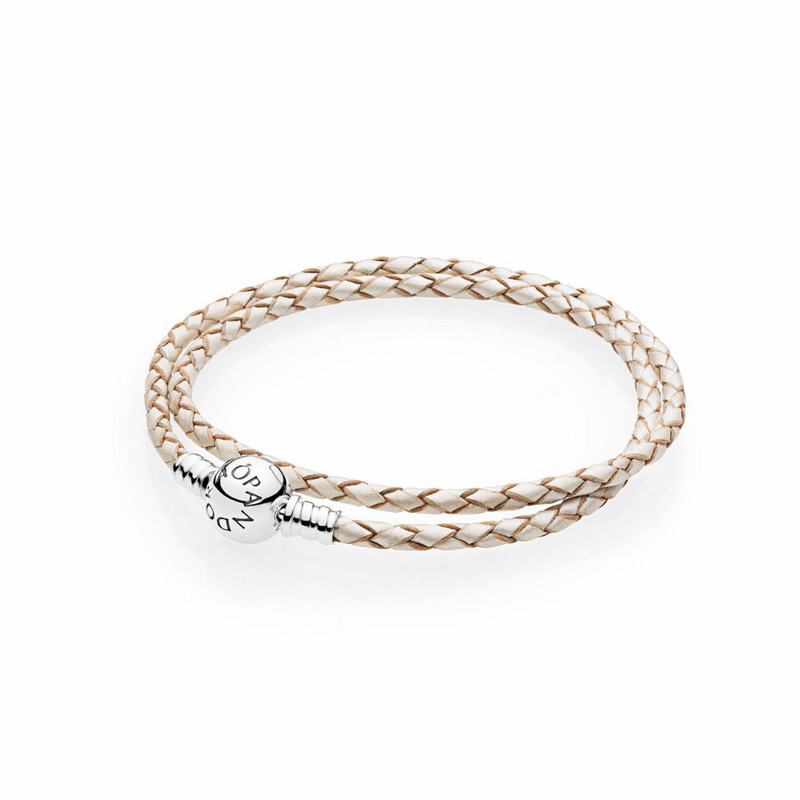 Pandora Champagne-Colored Braided Double-Leather Charm Bracelet Silver Egypt WP1968570